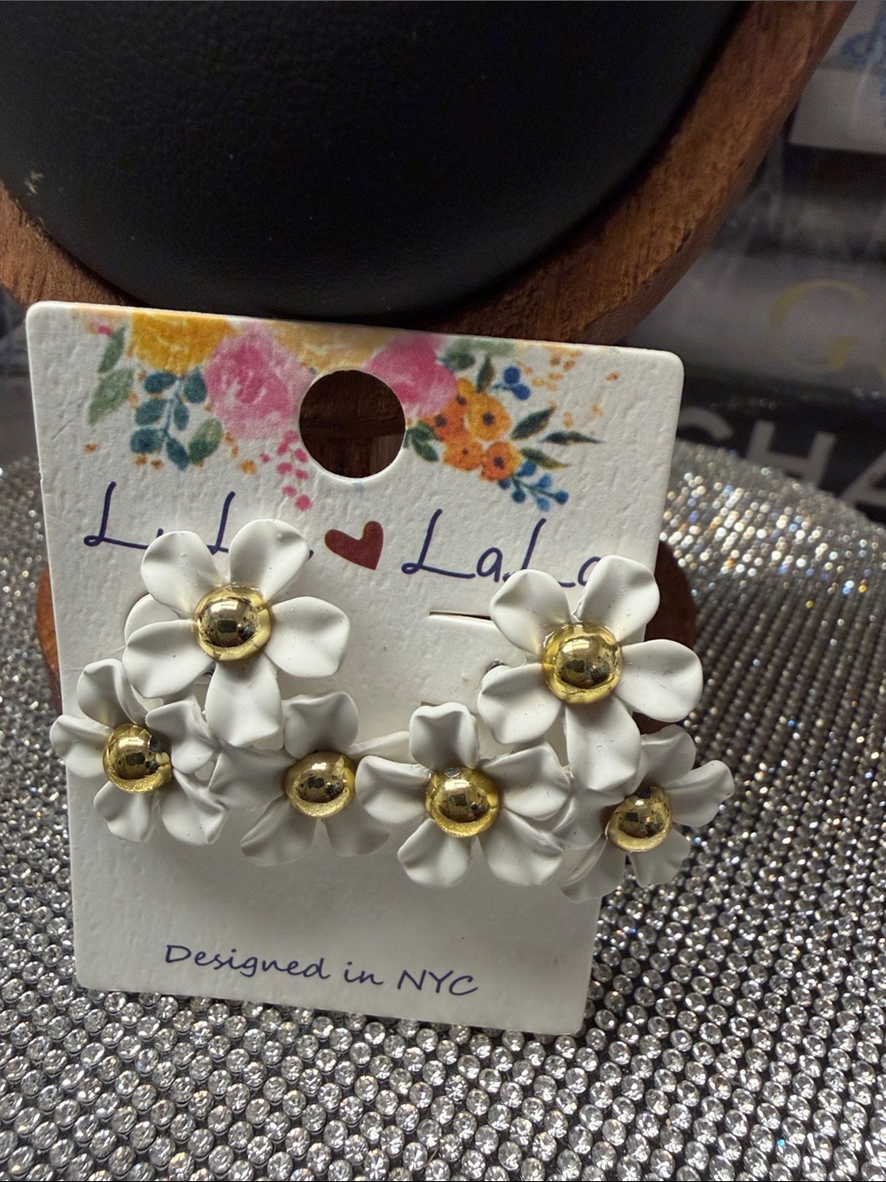 White Floral Cluster  Earrings with Gold Centers by